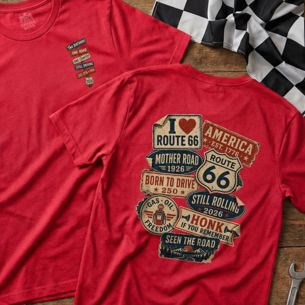 Red t-shirts with Route 66 and patriotic designs.