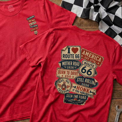 Red t-shirts with Route 66 and patriotic designs.