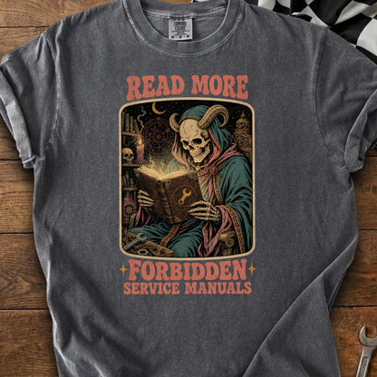 Skeleton with horns reads a book titled "Read More Forbidden Service Manuals."