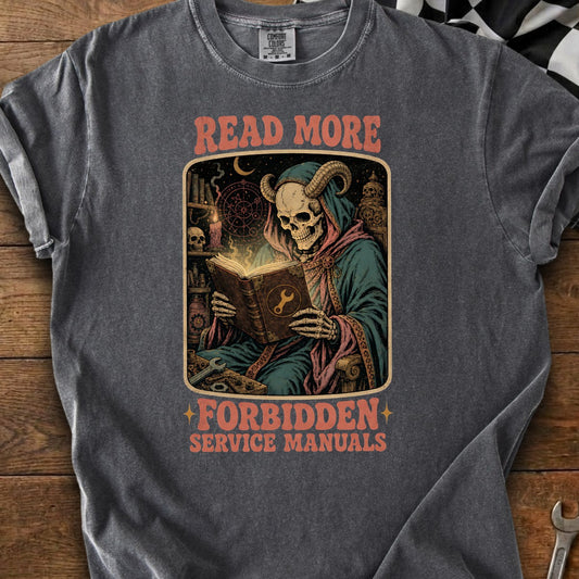 Skeleton with horns reads a book titled "Read More Forbidden Service Manuals."
