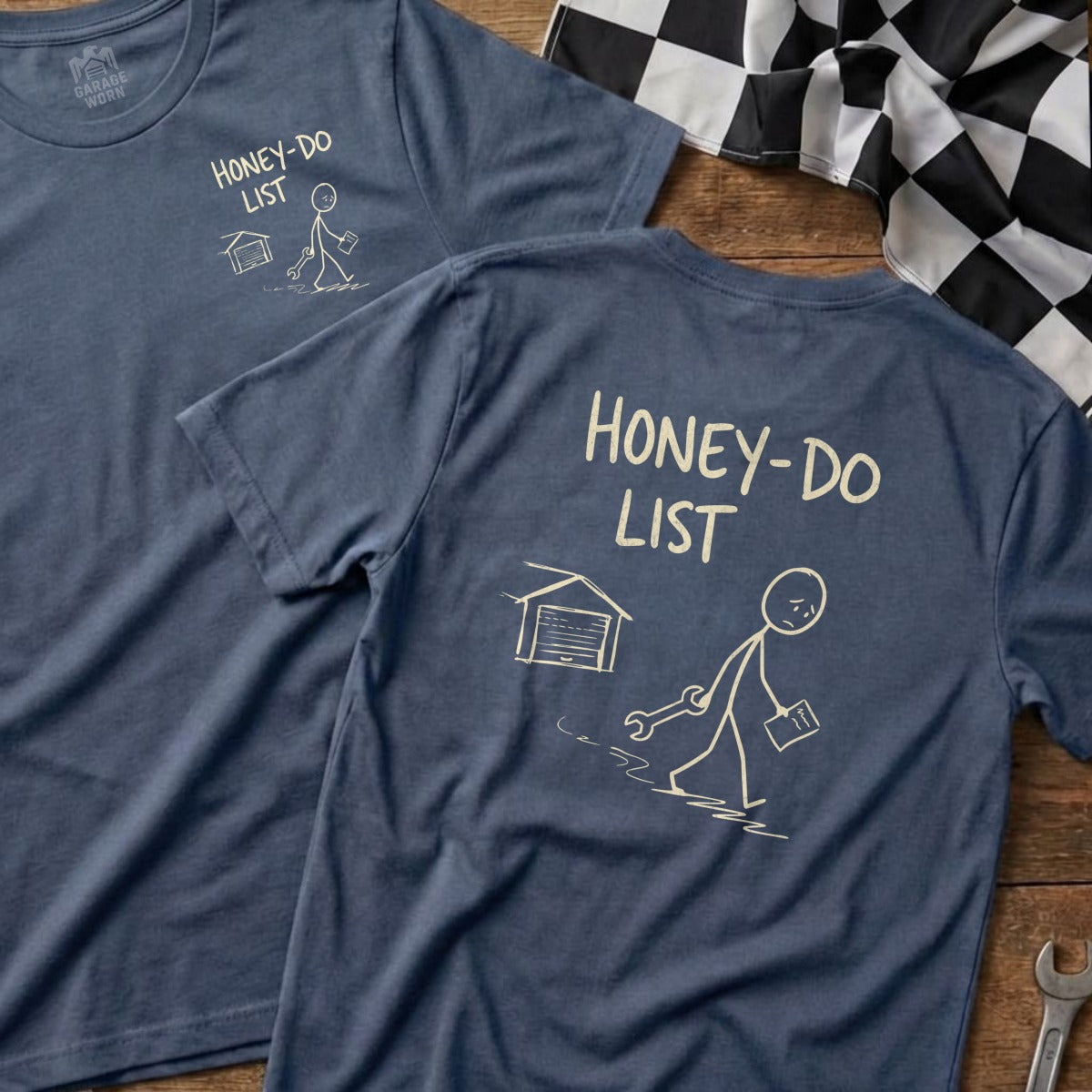 Blue t-shirt with "Honey-Do List" text and stick figure with a garage and tools.