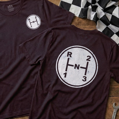 Maroon t-shirts with vintage manual car gear shift pattern printed on them.