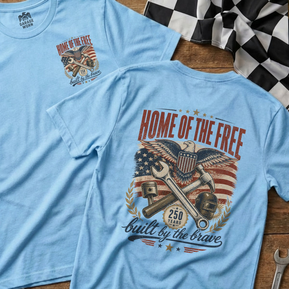 Light blue t-shirt with "HOME OF THE FREE" and patriotic eagle graphic.