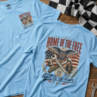 Light blue t-shirt with "HOME OF THE FREE" and patriotic eagle graphic.