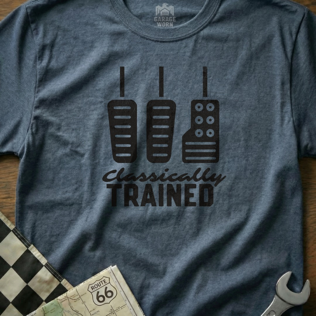Dark grey t-shirt with three pedals and "CLASSICALLY TRAINED" text.