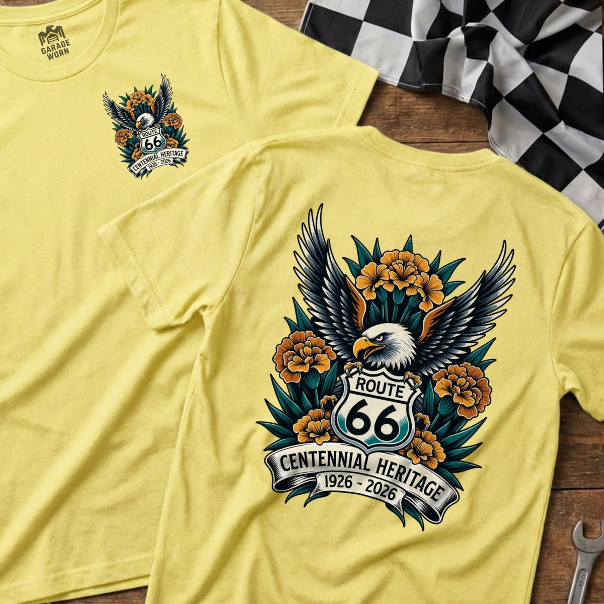 Yellow t-shirt with eagle, Route 66 shield, and floral design.