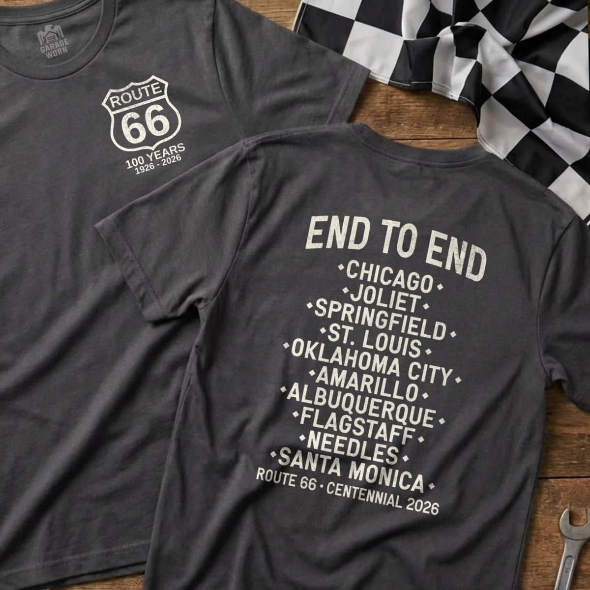Gray t-shirt with Route 66 Centennial text and city list.