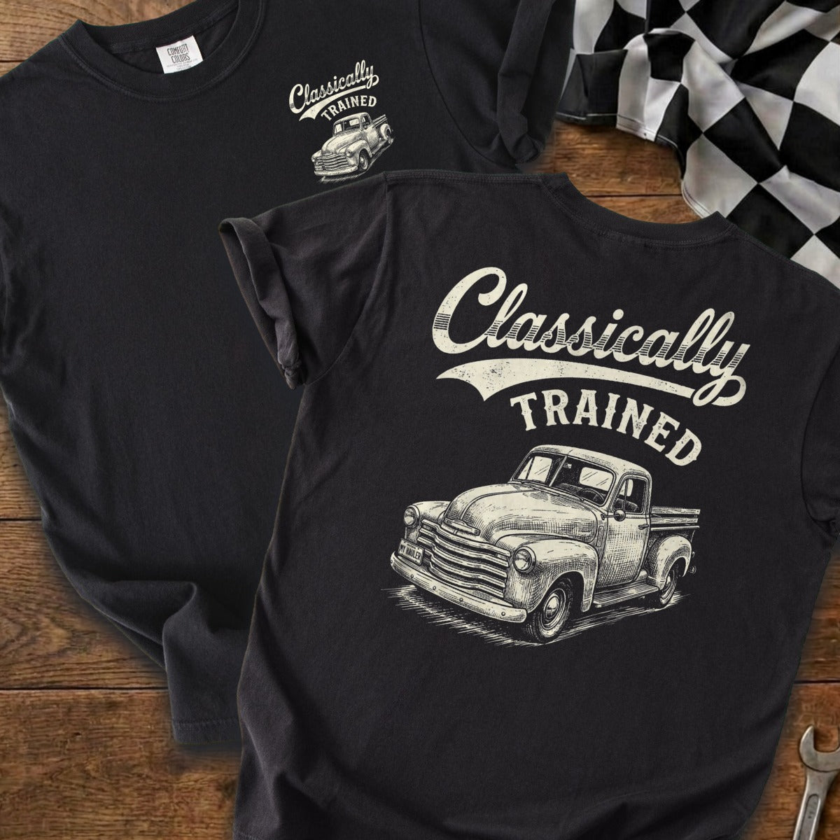 Black t-shirt with "Classically TRAINED" text and vintage truck graphic.