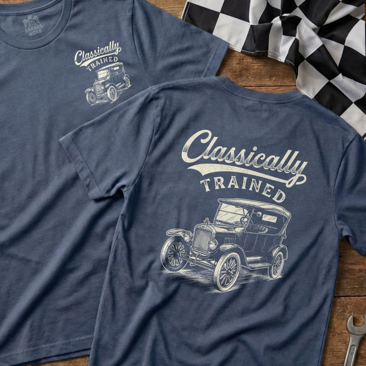 Blue t-shirt with vintage car graphic and "Classically Trained" text.