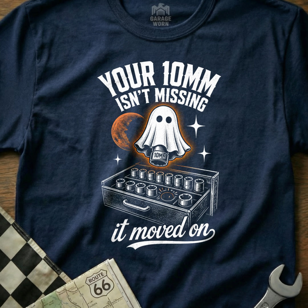 T-shirt with "Your 10mm isn't missing it moved on" text and ghost.