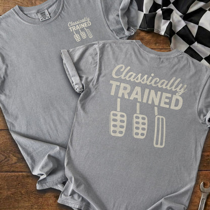 Classicly Trained t-shirt with clutch, brake, and accelerator pedals graphic.