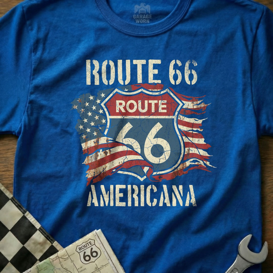 Blue t-shirt with Route 66 Americana design featuring distressed US flag.