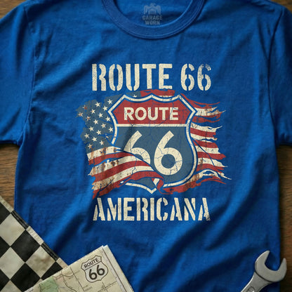 Blue t-shirt with Route 66 Americana design featuring distressed US flag.