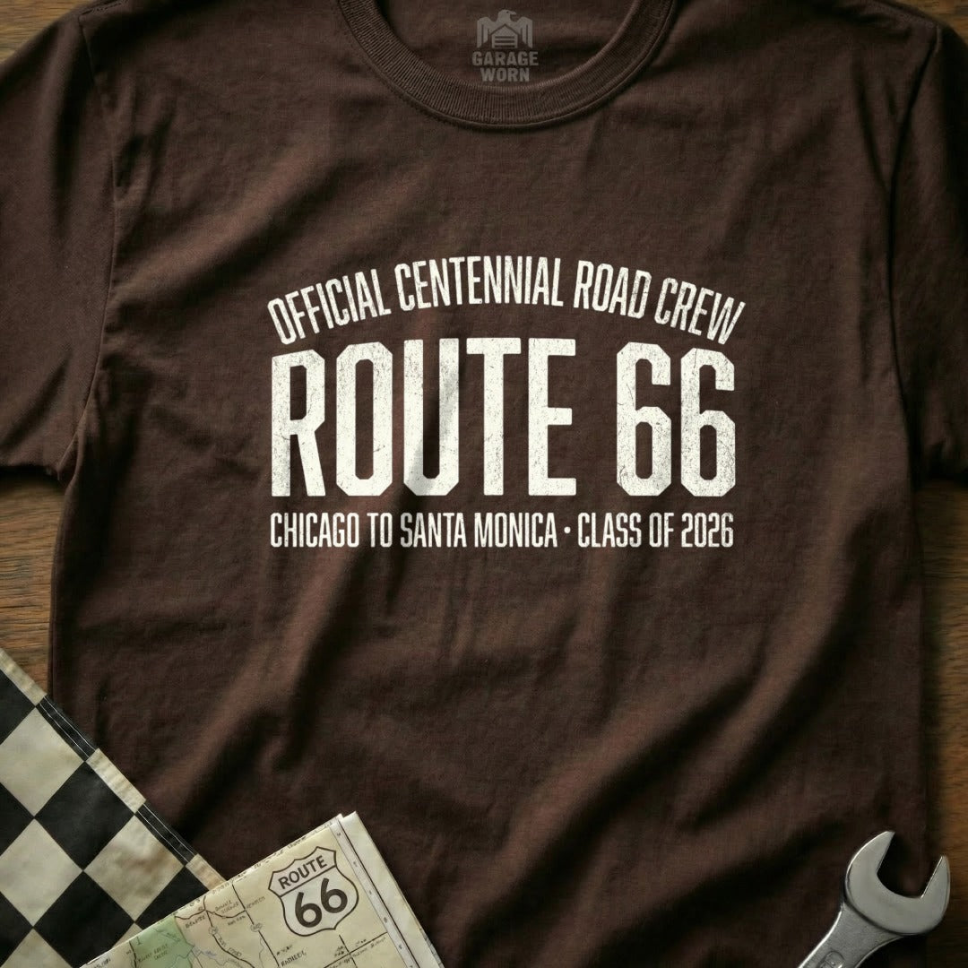 Brown t-shirt with "Route 66 Official Centennial Road Crew" graphic.