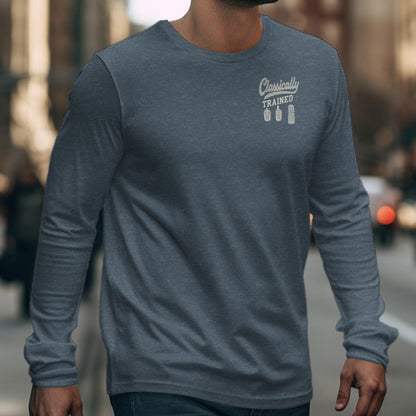 Grey long-sleeve shirt with "Classically TRAINED" and three pedals graphic.