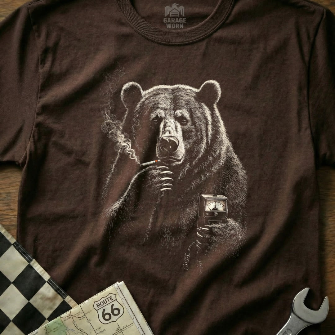 T-shirt with a sketch of a bear smoking a cigarette holding a gauge.