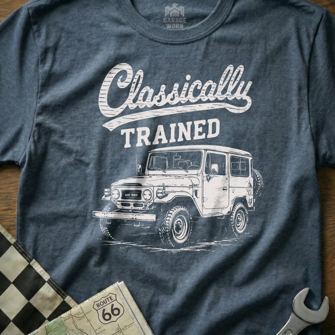 T-shirt with graphic: "Classically TRAINED" and drawing of a vintage Toyota Land Cruiser.