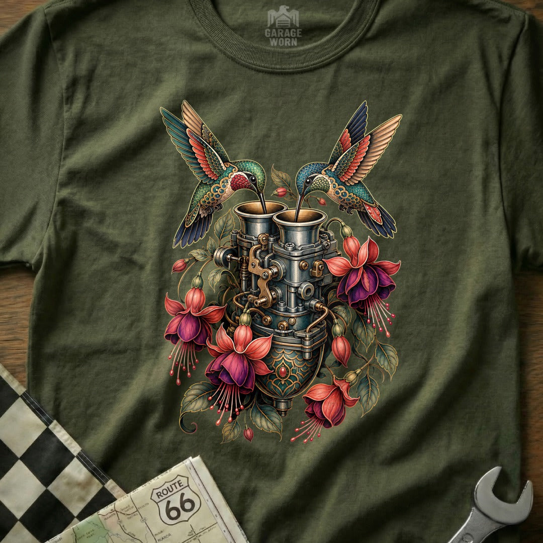 Two hummingbirds drink from a carburetor adorned with fuchsia flowers.
