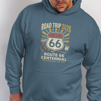 Route 66 Centennial 1926-2026 graphic on a blue hoodie.