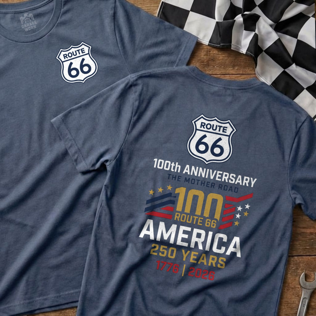 Navy Route 66 100th Anniversary t-shirt with "America 250 Years 1776 2026" text.