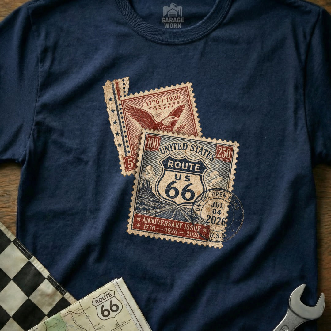 Navy t-shirt with Route 66 anniversary issue stamps.