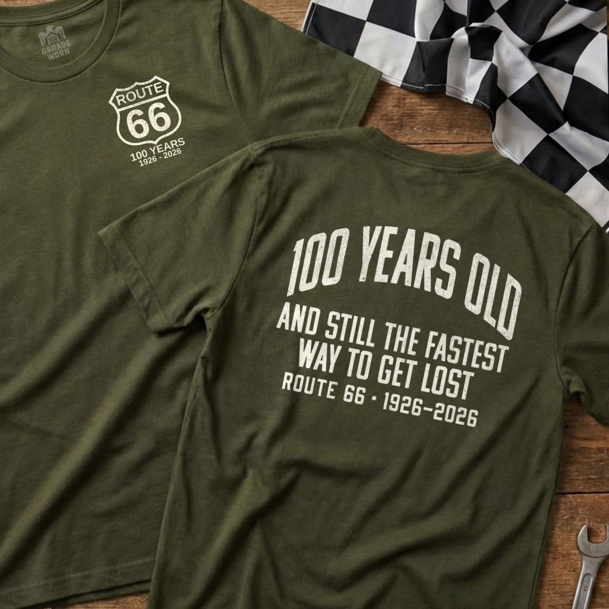 Olive green t-shirts with "Route 66 100 Years 1926-2026" text.