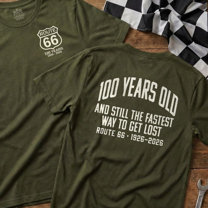 Olive green t-shirts with "Route 66 100 Years 1926-2026" text.