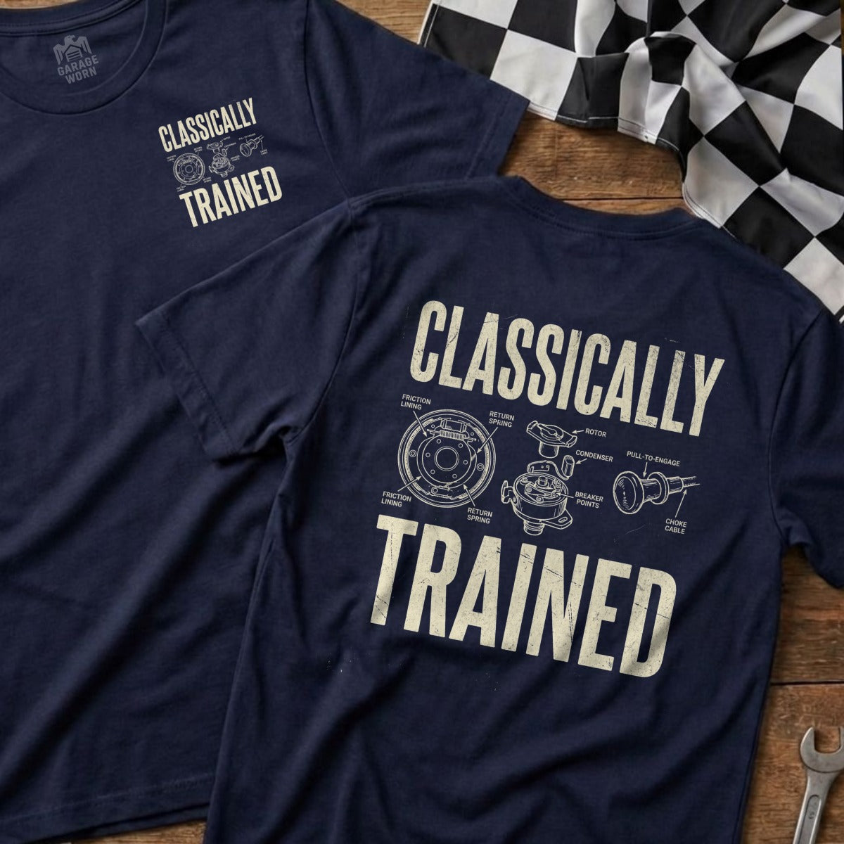 Navy t-shirts with "CLASSICALLY TRAINED" and automotive diagram.