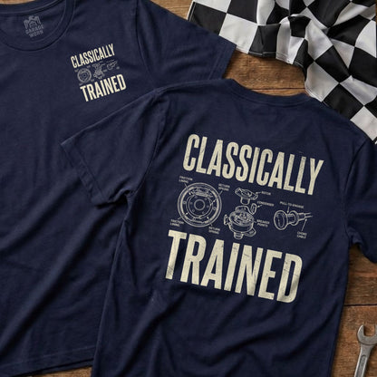 Navy t-shirts with "CLASSICALLY TRAINED" and automotive diagram.