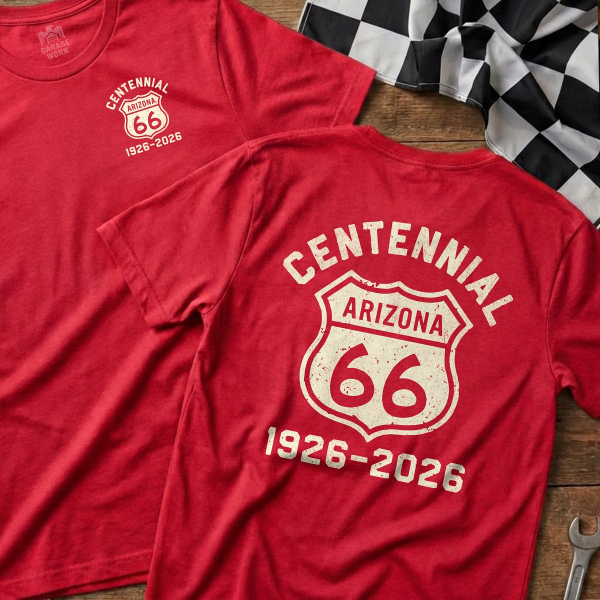 Red t-shirt with "Centennial Arizona 66" route 66 logo and dates.