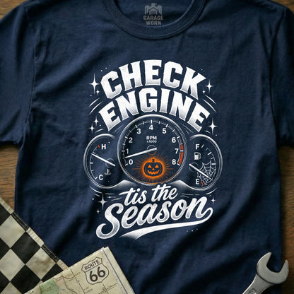 Navy t-shirt with "Check Engine 'tis the Season" Halloween design.