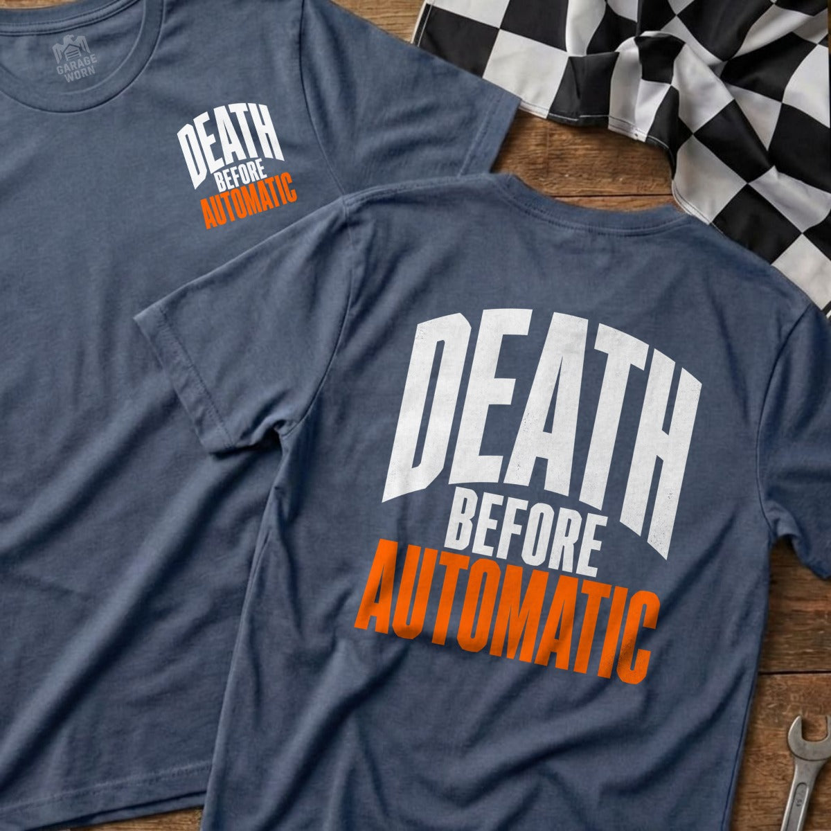 Two grey t-shirts with "DEATH BEFORE AUTOMATIC" text in white and orange.