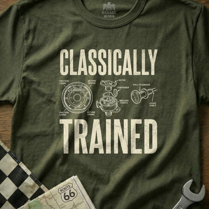 Distressed t-shirt with diagram of a car distributor labeled "Classically Trained."
