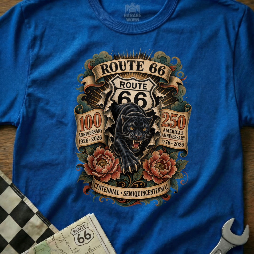 T-shirt with Route 66 logo, black panther, floral accents, and anniversary dates.