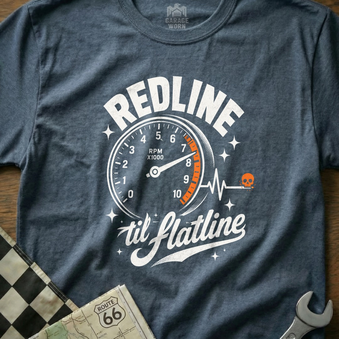 T-shirt with "REDLINE til flatline" text and a speedometer graphic.