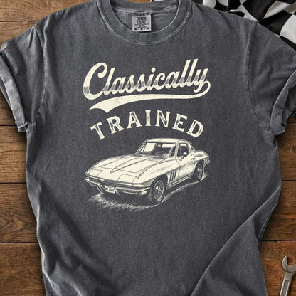 T-shirt with "Classically TRAINED" text and a white sketch of a vintage Corvette.