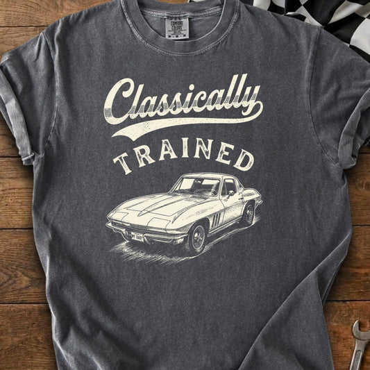 T-shirt with "Classically TRAINED" text and a white sketch of a vintage Corvette.