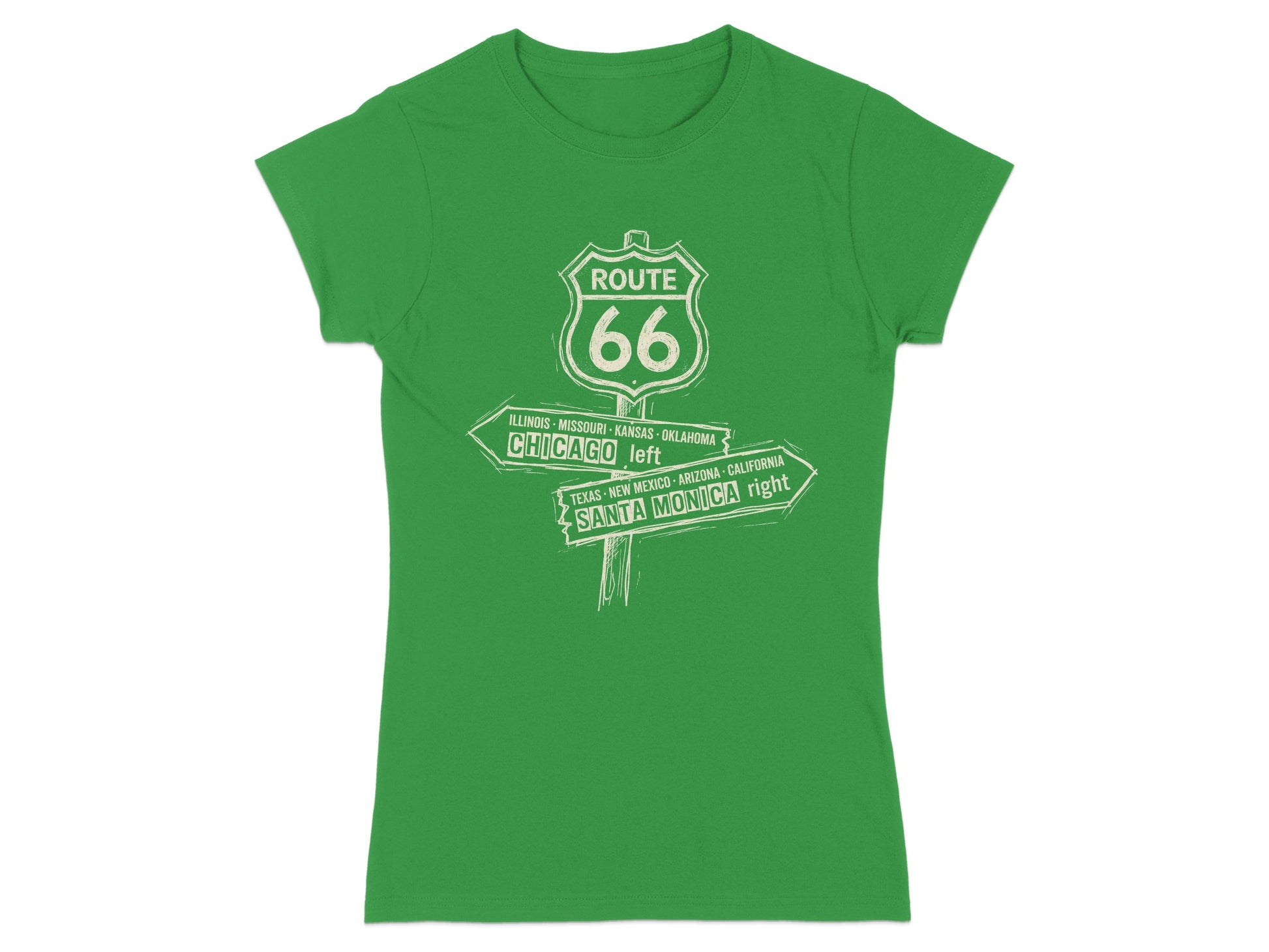 Green t-shirt with Route 66 signs pointing left to Chicago and right to Santa Monica.