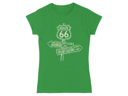 Green t-shirt with Route 66 signs pointing left to Chicago and right to Santa Monica.