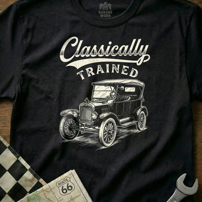Black t-shirt with "Classically TRAINED" text and a vintage car illustration.