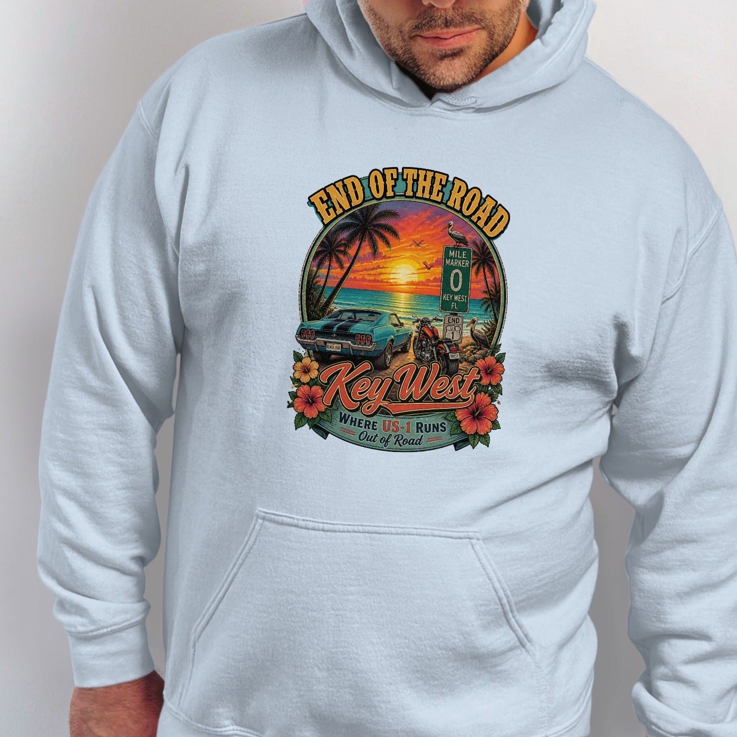 Graphic with "End of the Road Key West" text, sunset, palm trees, car, motorcycle, and flowers.