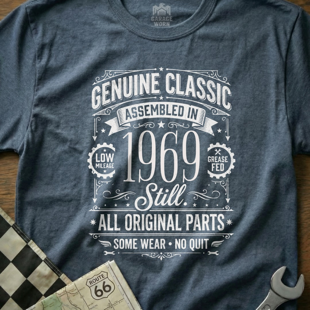 T-shirt with "Genuine Classic Assembled in 1969" and "All Original Parts" text.