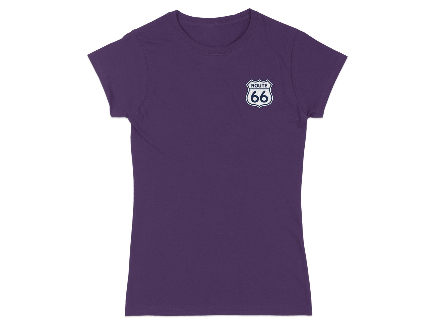 Purple t-shirt with Route 66 logo on the left chest.