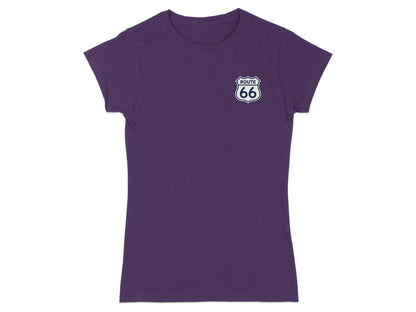 Purple t-shirt with Route 66 logo on the left chest.