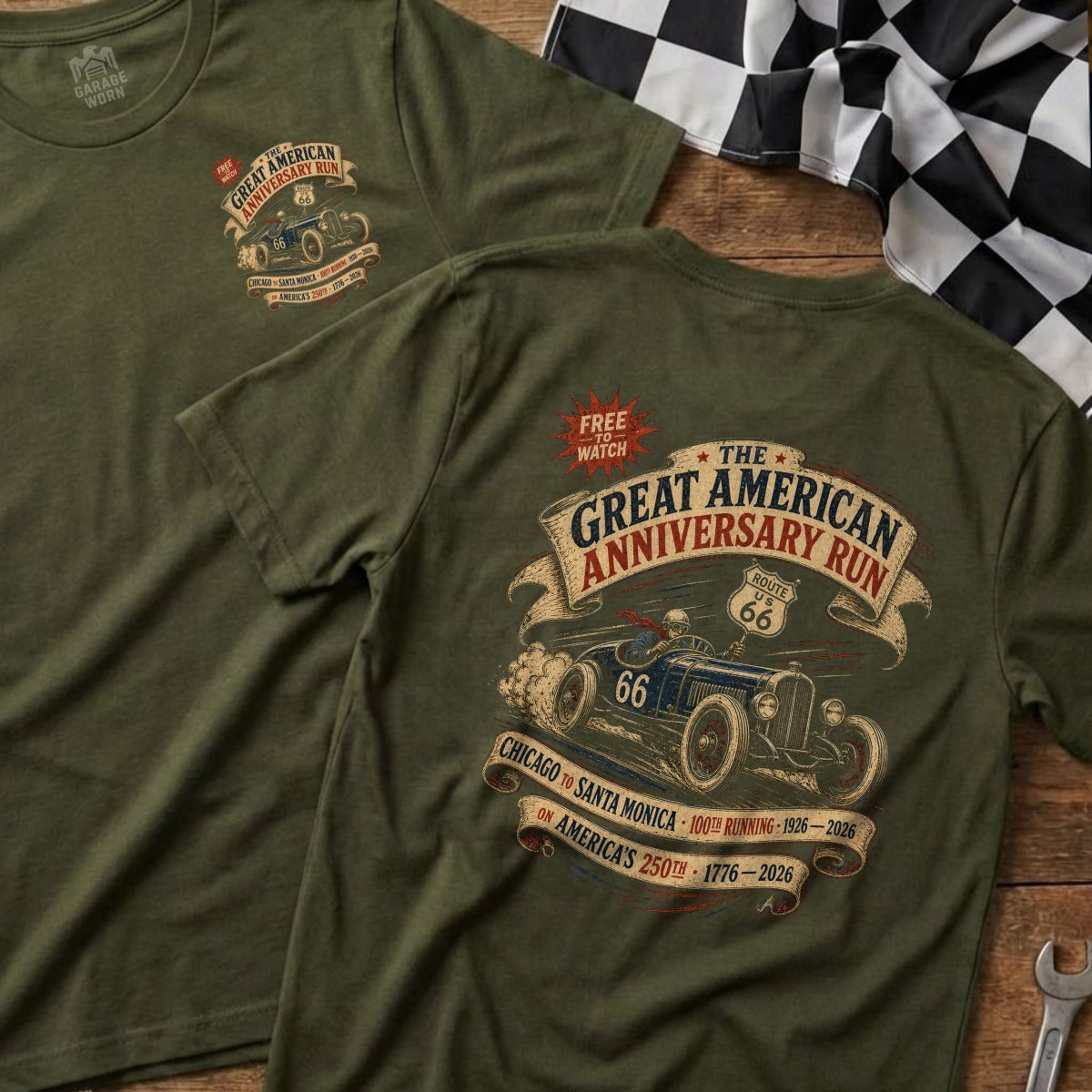 Olive green t-shirt with vintage car graphic and "Great American Anniversary Run" text.