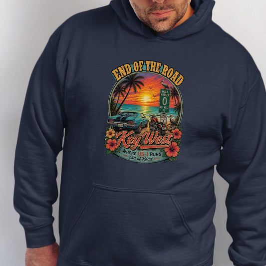 Key West graphic with car, motorcycle, palm trees, and sunset.