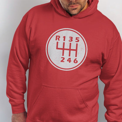 Red hoodie with a white distressed six-gear shift pattern graphic on the chest.