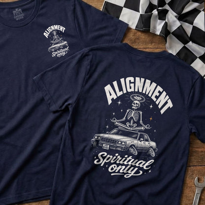 Navy t-shirt with skeleton meditating on car, text "Alignment Spiritual Only".
