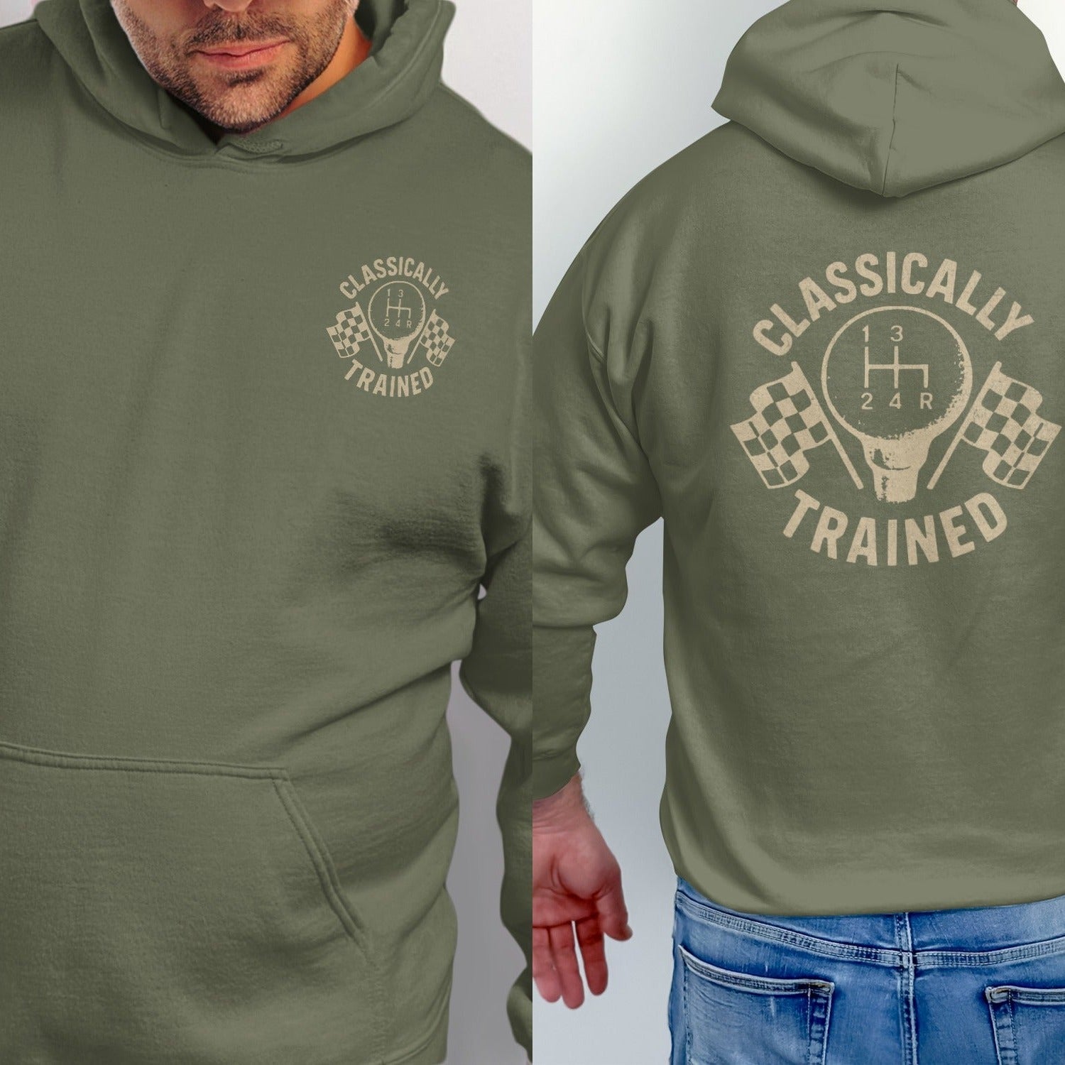 Olive hoodie with "Classically Trained" text and manual shifter graphic.