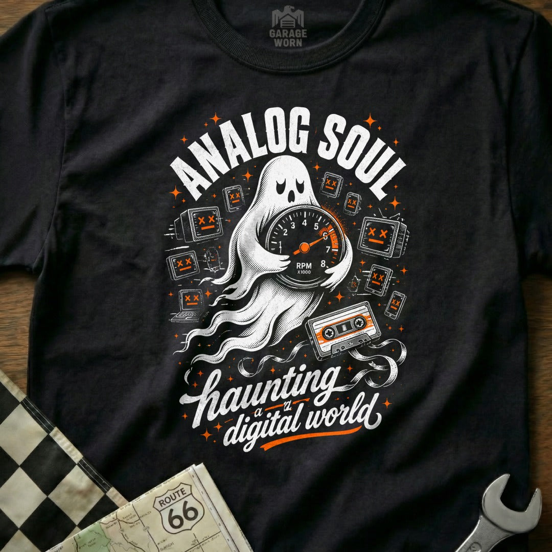 Ghost holding tachometer with text "Analog Soul Haunting a Digital World".